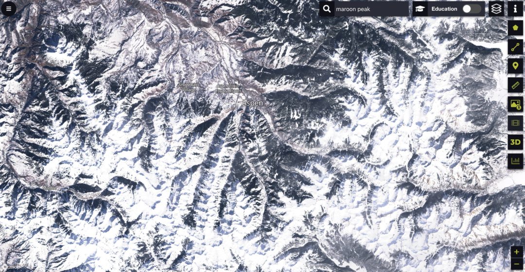 Sentinel Hub:A clear (low % cloud coverage) image from Jan. 31 around the Aspen zone in Colorado.